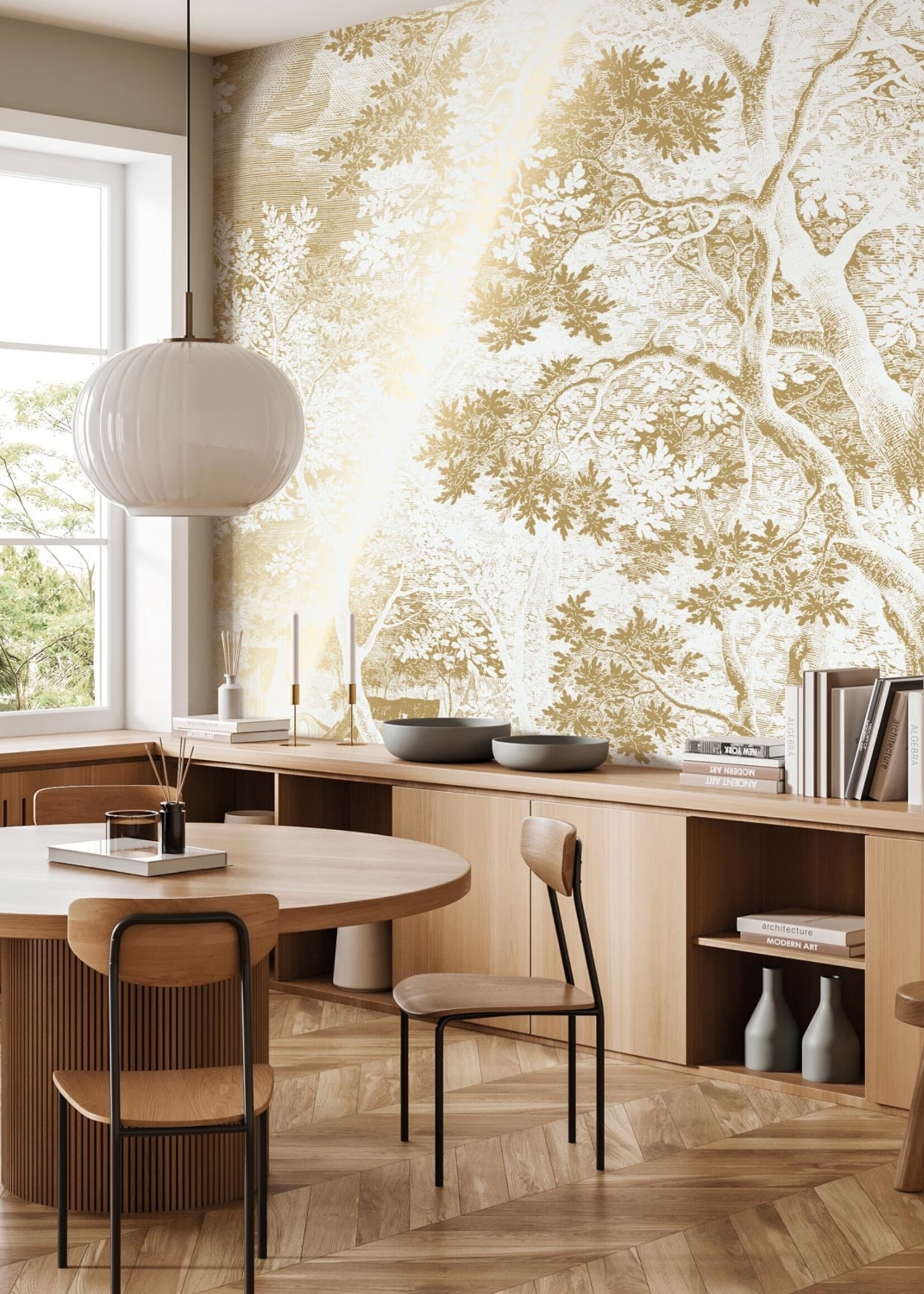 Goud metallic | Afwasbaar Goud behang Engraved Landscapes, Off-white