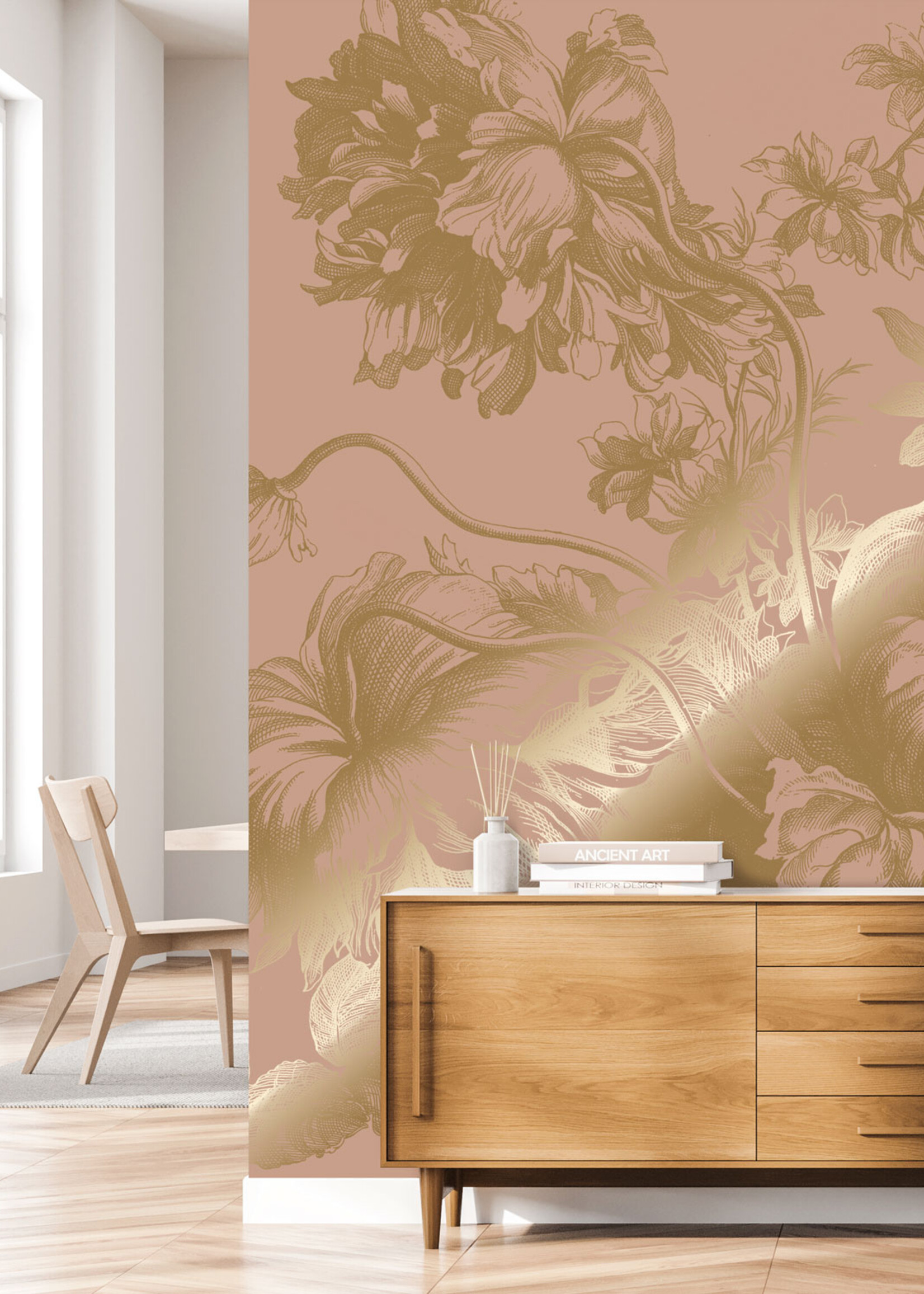 Goud metallic | Afwasbaar Gold metallic wall mural Engraved Flowers, Nude