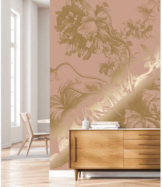 Goud metallic | Afwasbaar Gold metallic wall mural Engraved Flowers