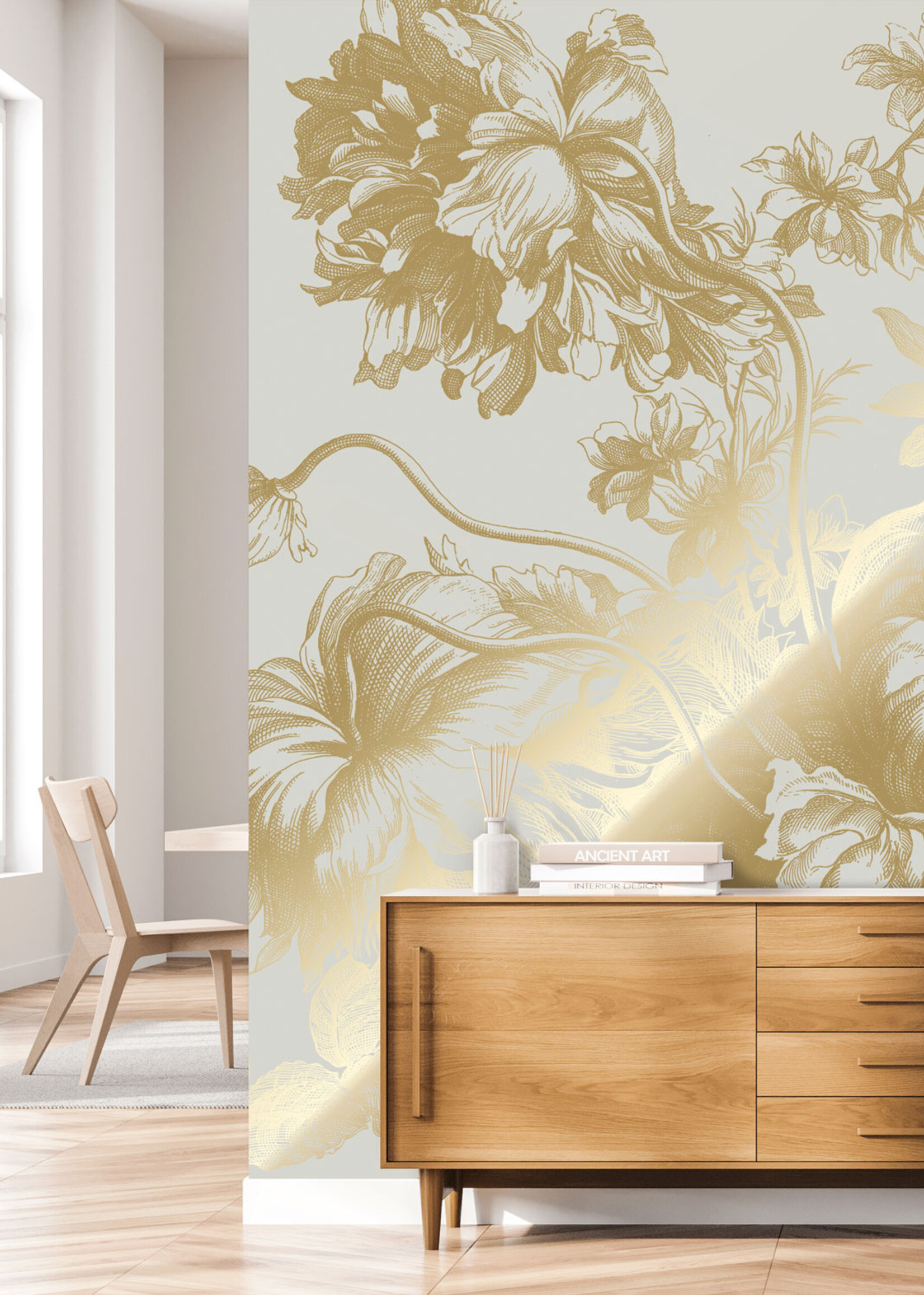 Goud metallic | Afwasbaar Gold-Tapete Engraved Flowers, Sand