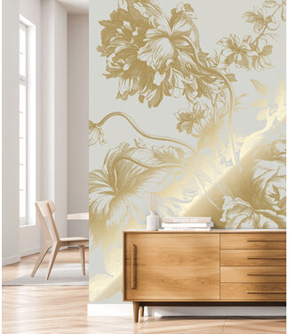 Goud metallic | Afwasbaar Gold metallic wall mural Engraved Flowers