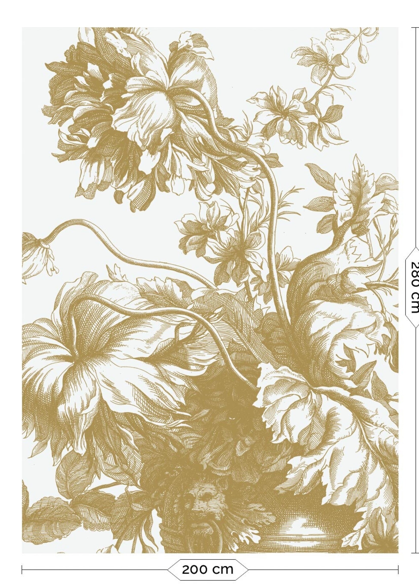 Goud metallic | Afwasbaar Gold metallic wall mural Engraved Flowers, Off-white
