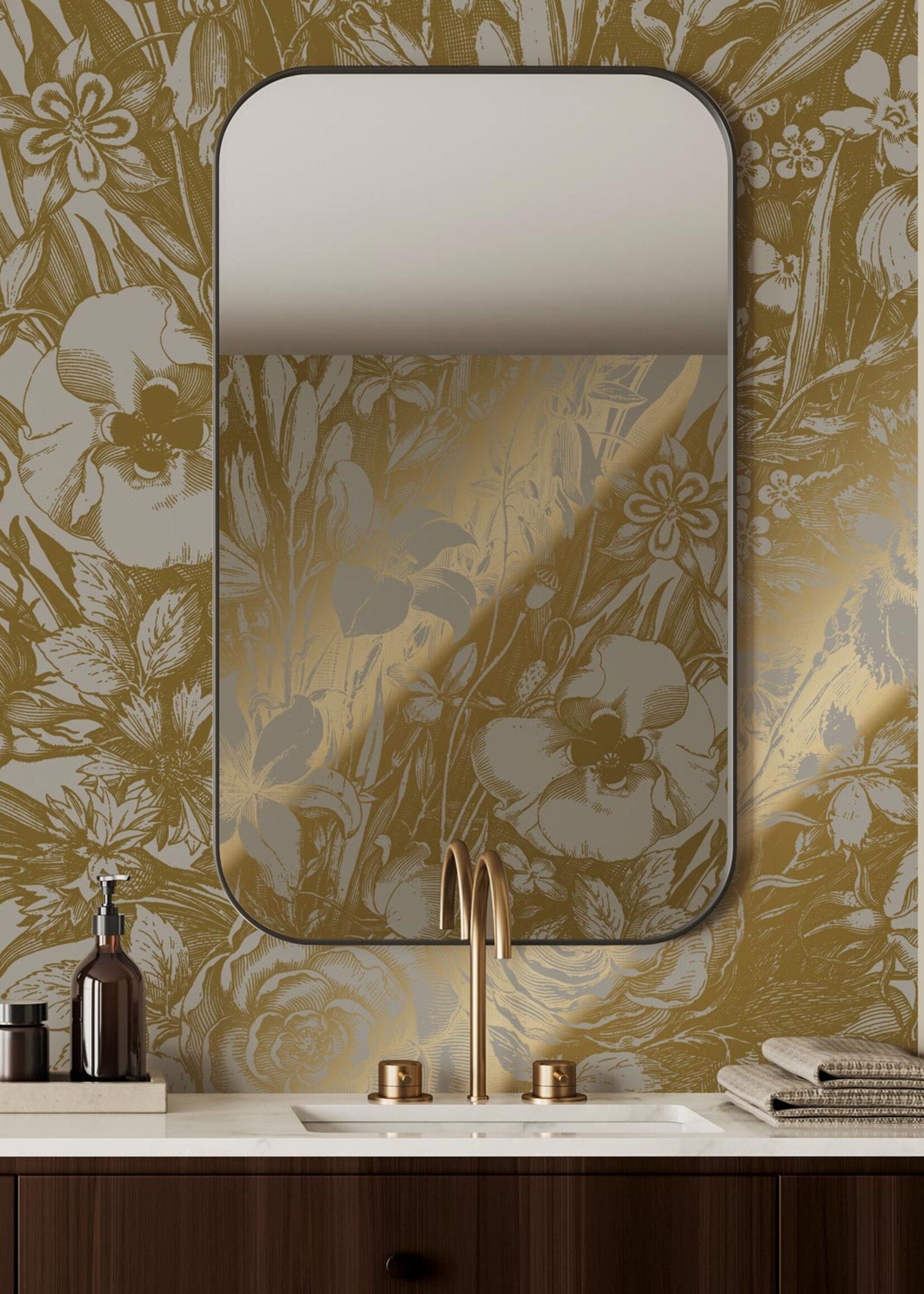 Goud metallic | Afwasbaar Gold-Tapete Engraved Flowers, Grau