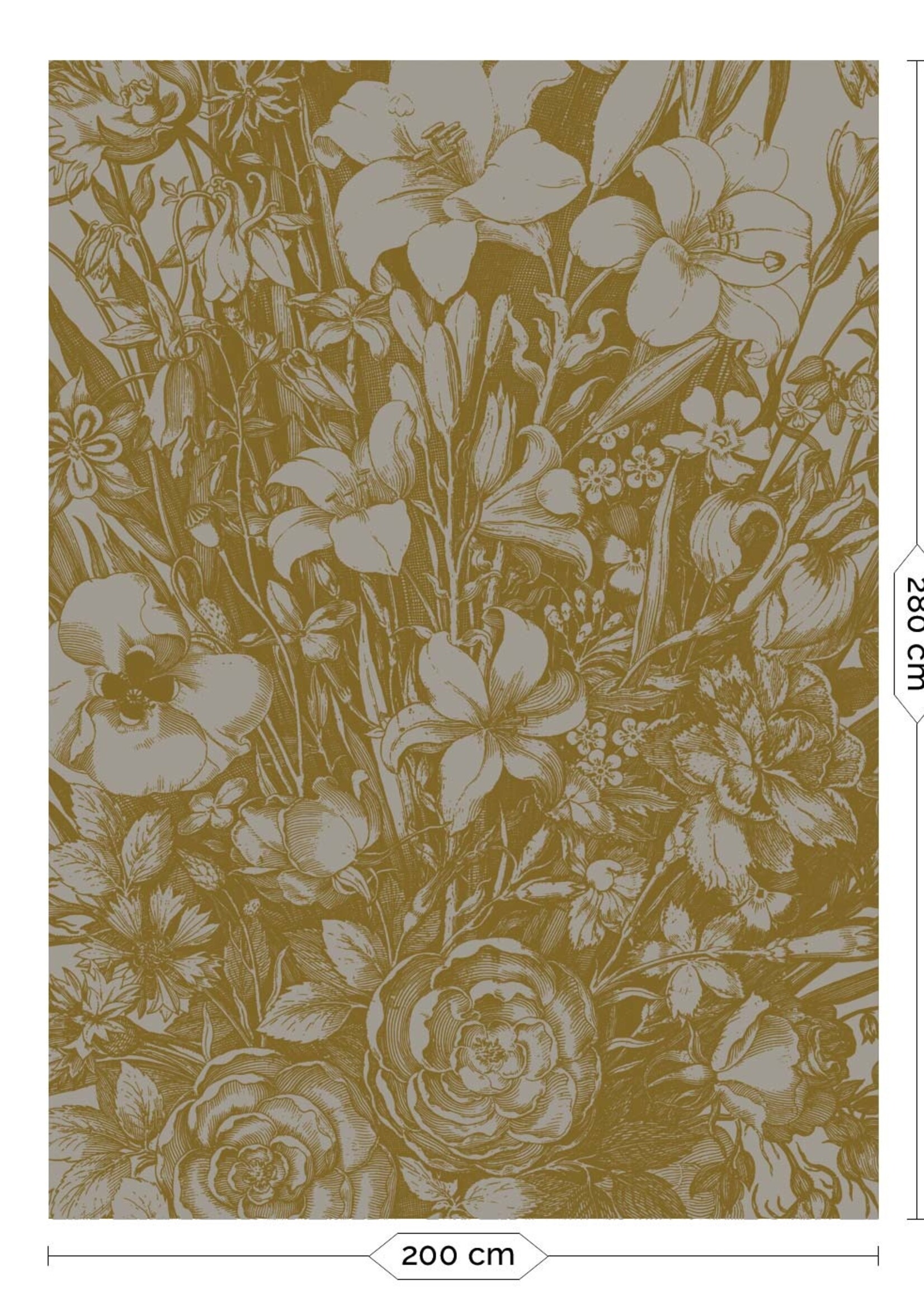 Goud metallic | Afwasbaar Goud behang Engraved Flowers, Grijs