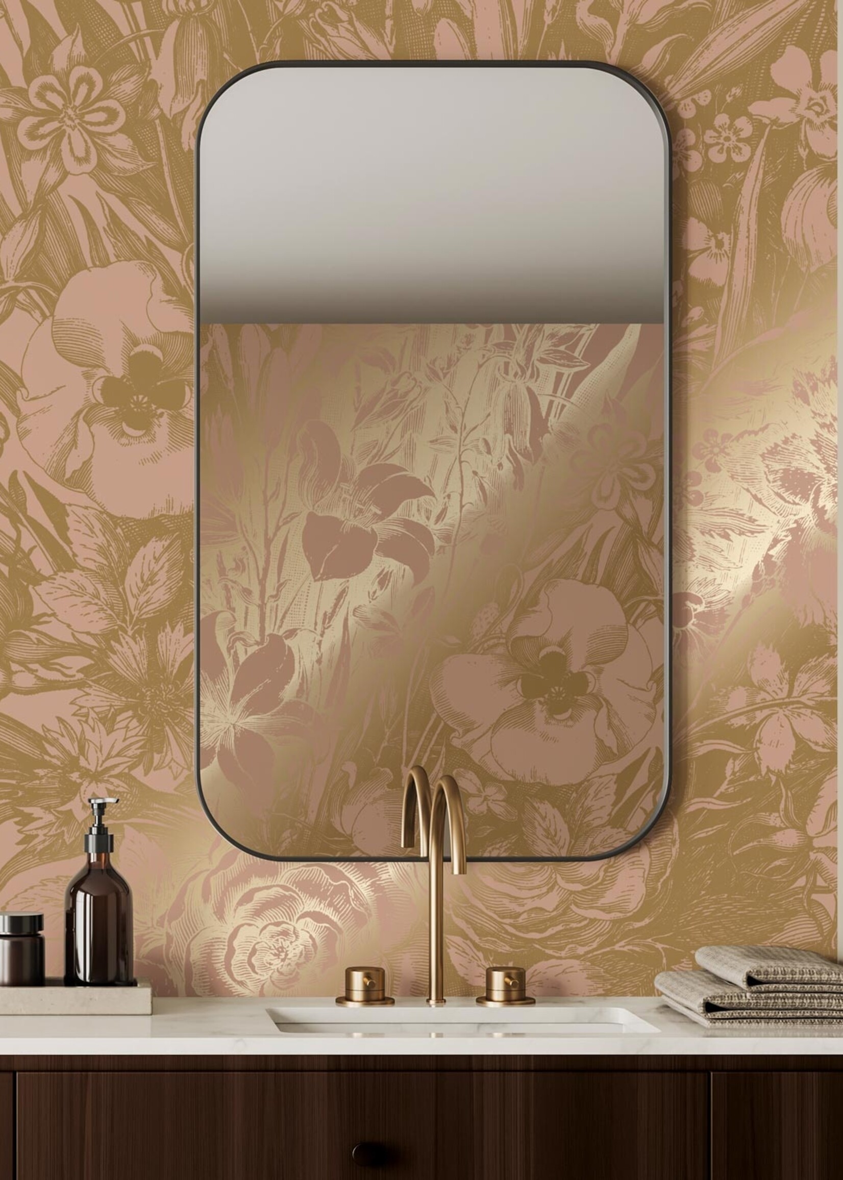 Goud metallic | Afwasbaar Gold metallic wall mural Engraved Flowers