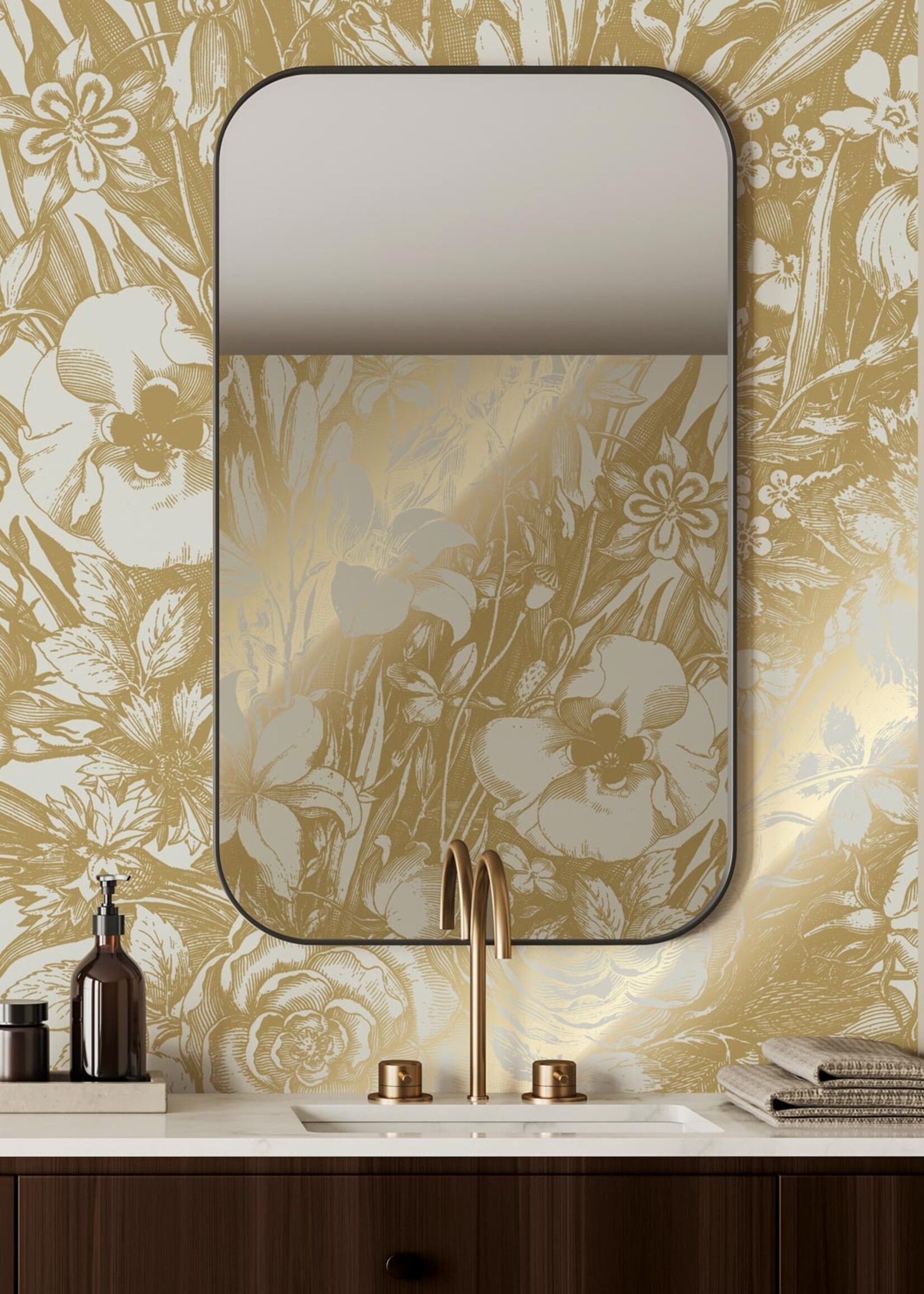 Goud metallic | Afwasbaar Gold-Tapete Engraved Flowers, Sand
