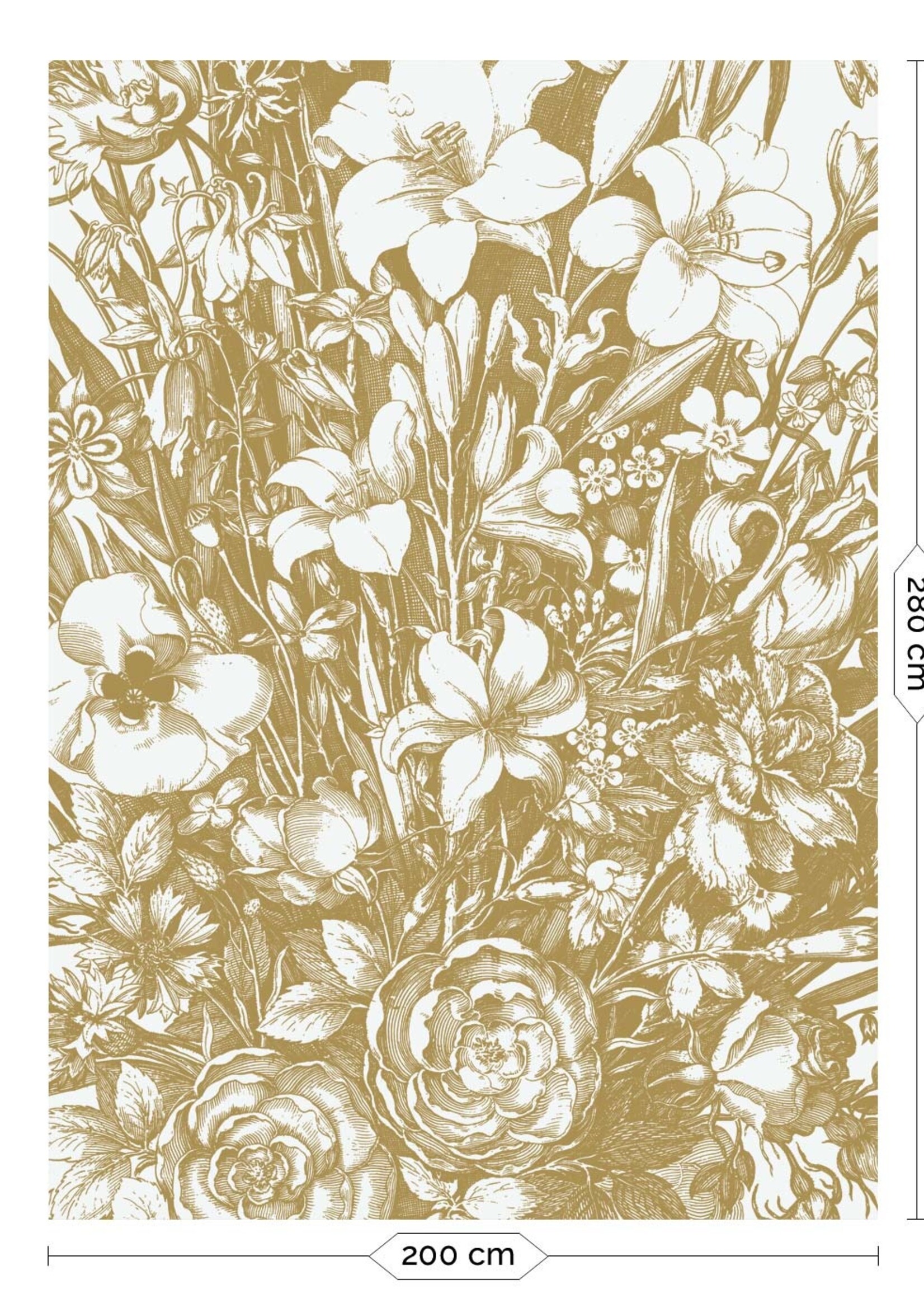 Goud metallic | Afwasbaar Goud behang Engraved Flowers, Off-white