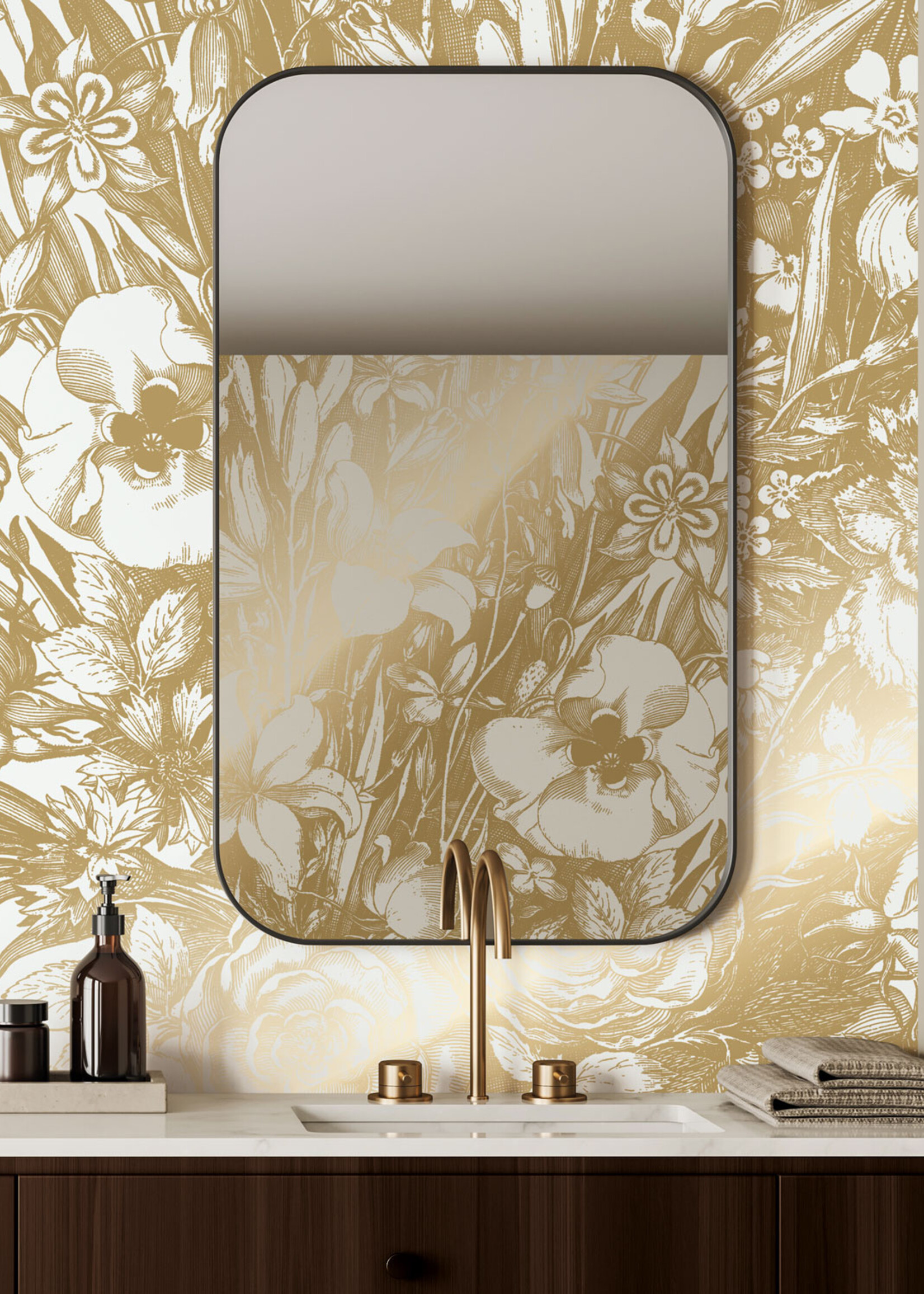 Goud metallic | Afwasbaar Gold-Tapete Engraved Flowers, Grauweiß