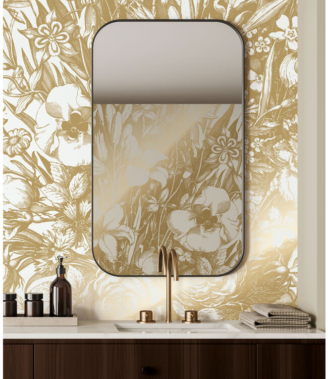 Goud behang Engraved Flowers, Off-white