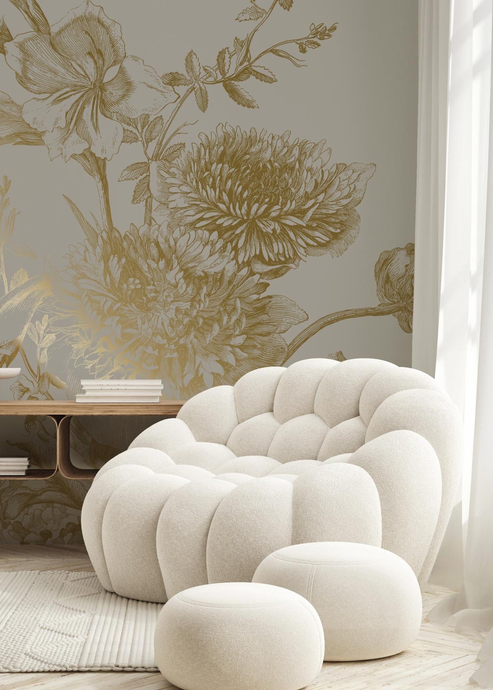 Goud metallic | Afwasbaar Goud behang Engraved Flowers, Grijs