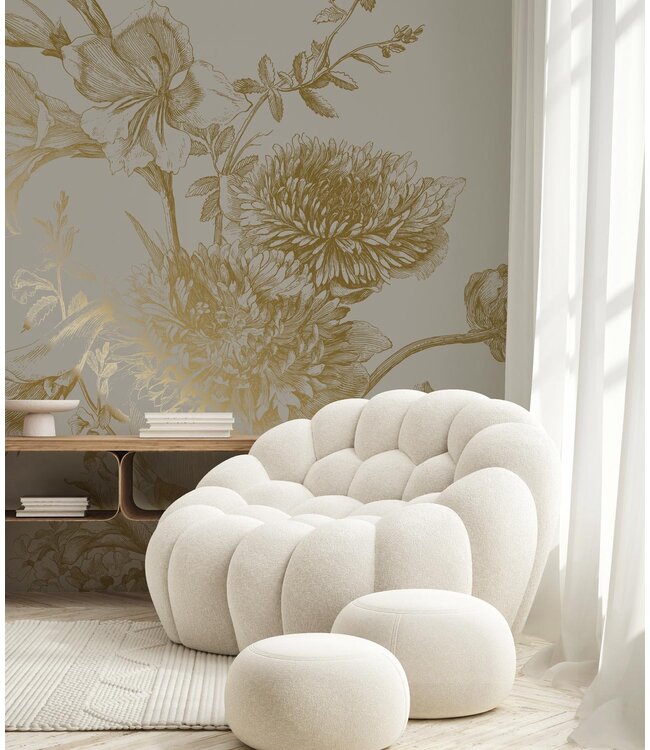 Gold-Tapete Engraved Flowers, Grau