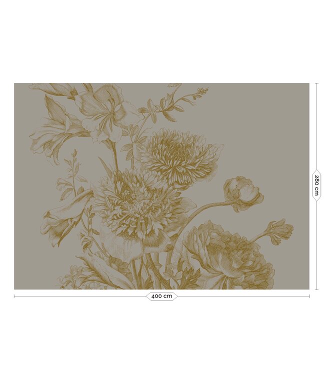 Gold metallic wall mural Engraved Flowers, Grey