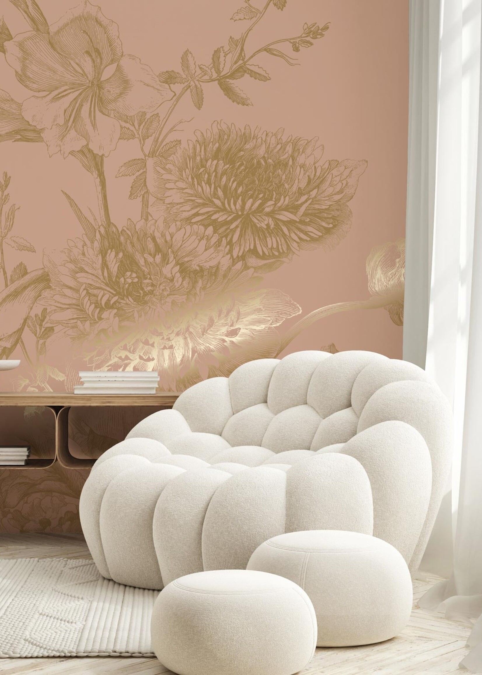 Goud metallic | Afwasbaar Goud behang Engraved Flowers, Nude