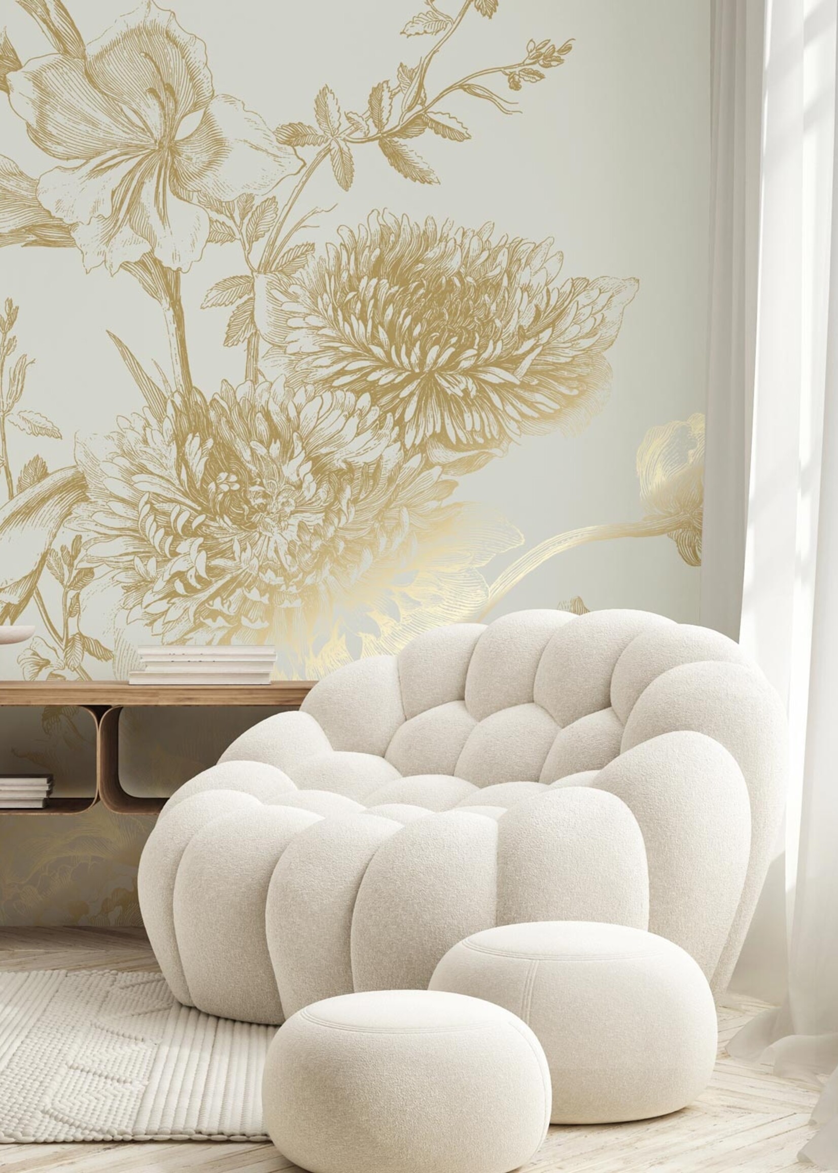 Goud metallic | Afwasbaar Gold-Tapete Engraved Flowers, Sand