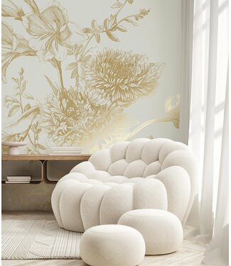 Goud metallic | Afwasbaar Gold metallic wall mural Engraved Flowers