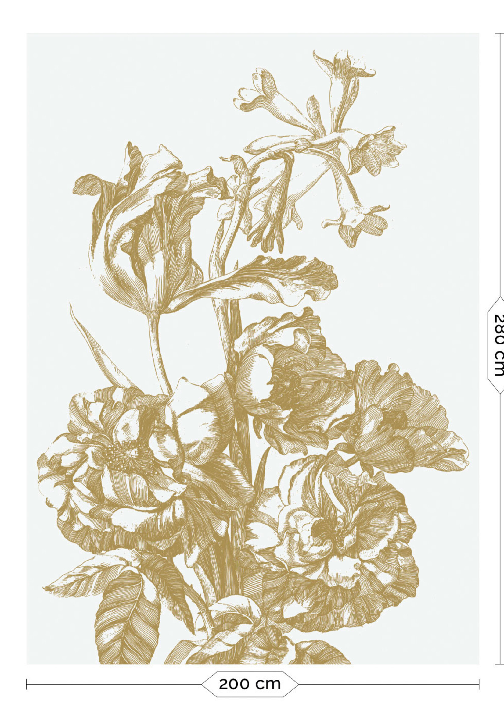 Goud metallic | Afwasbaar Gold metallic wall mural Engraved Flowers, Off-white