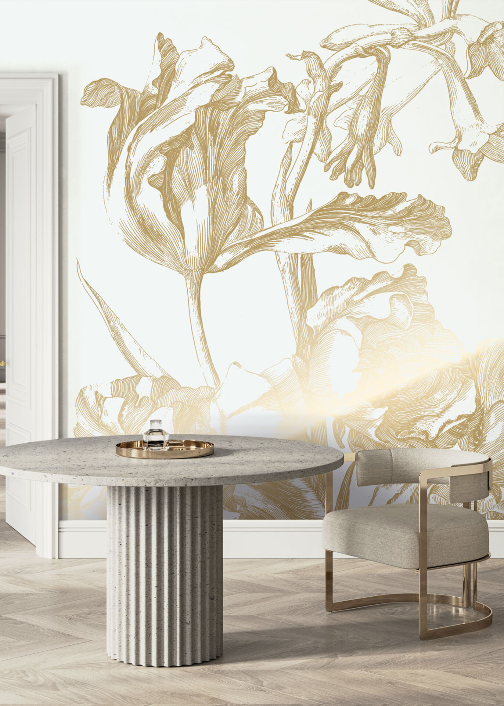 Goud metallic | Afwasbaar Gold metallic wall mural Engraved Flowers, Off-white