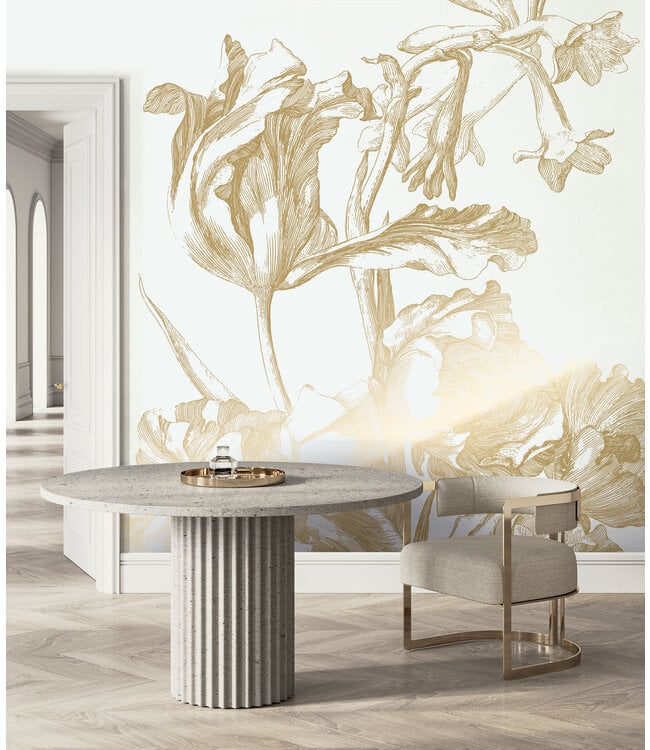 Goud metallic | Afwasbaar Gold metallic wall mural Engraved Flowers