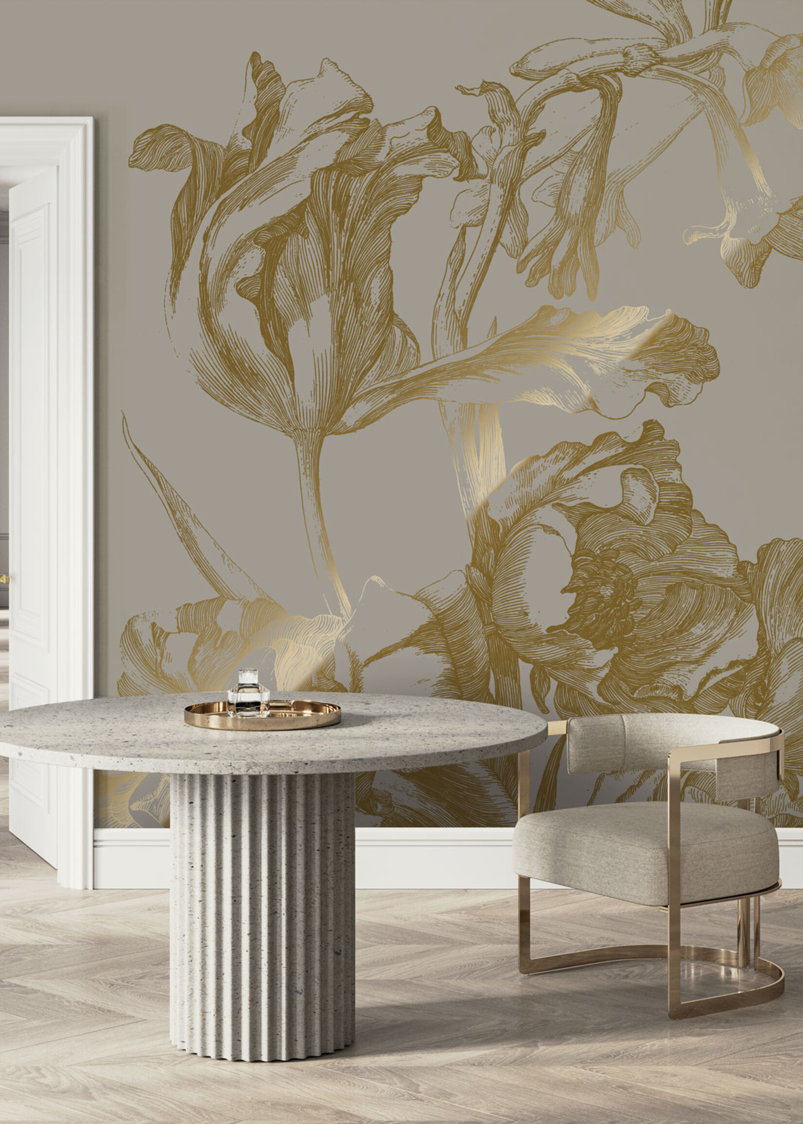 Goud metallic | Afwasbaar Goud behang Engraved Flowers, Grijs