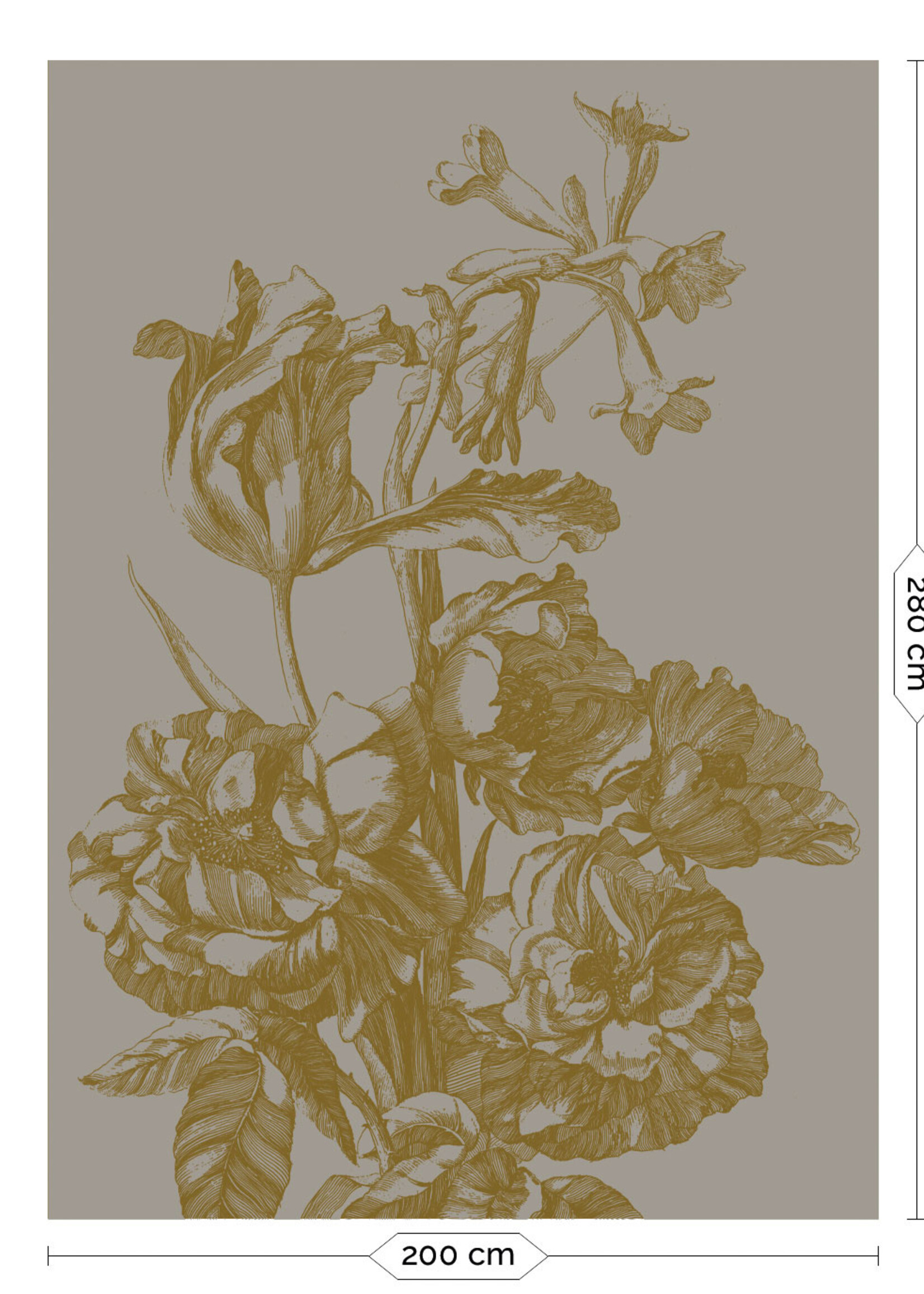 Goud metallic | Afwasbaar Goud behang Engraved Flowers, Grijs