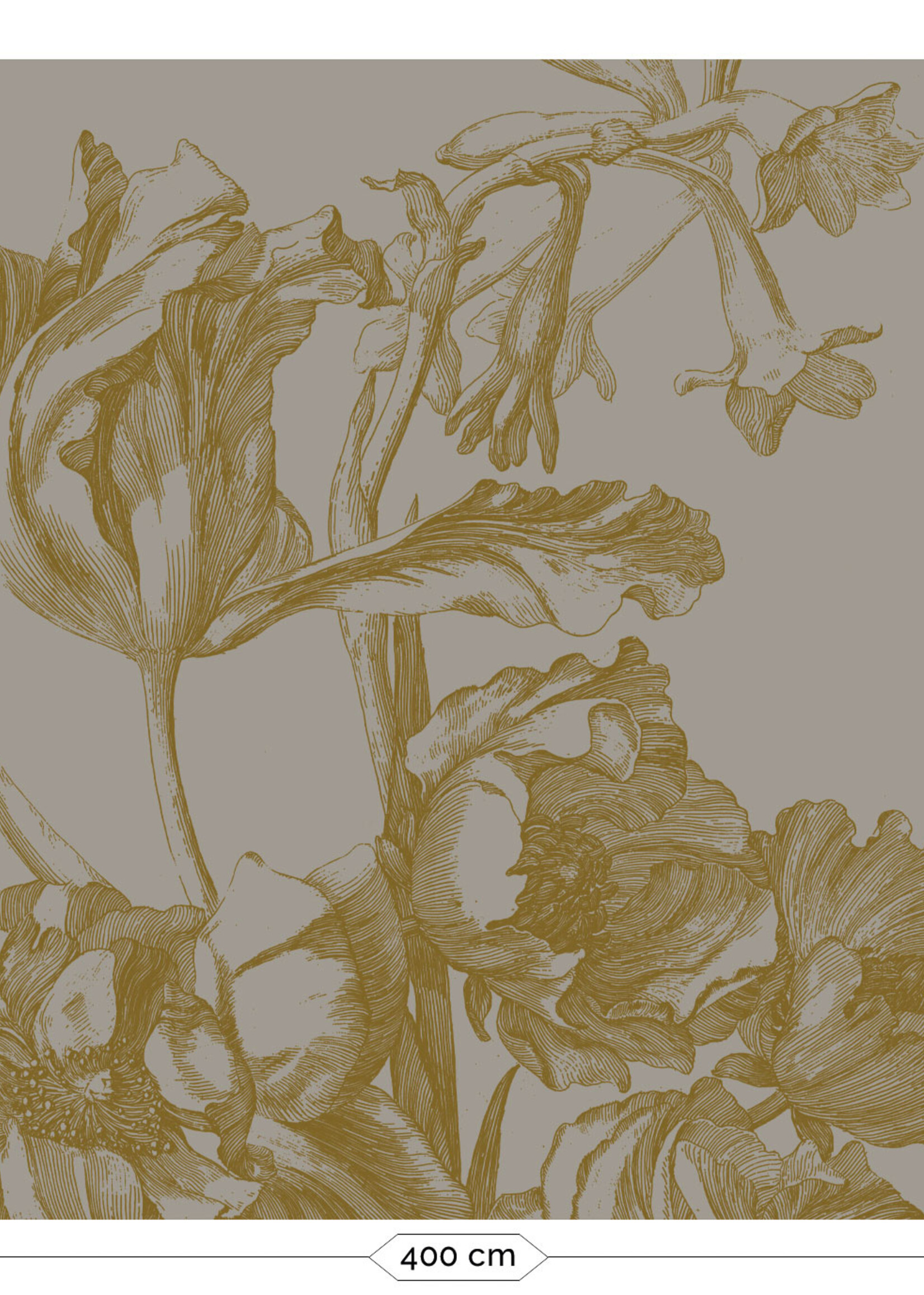 Goud metallic | Afwasbaar Gold metallic wall mural Engraved Flowers, Grey