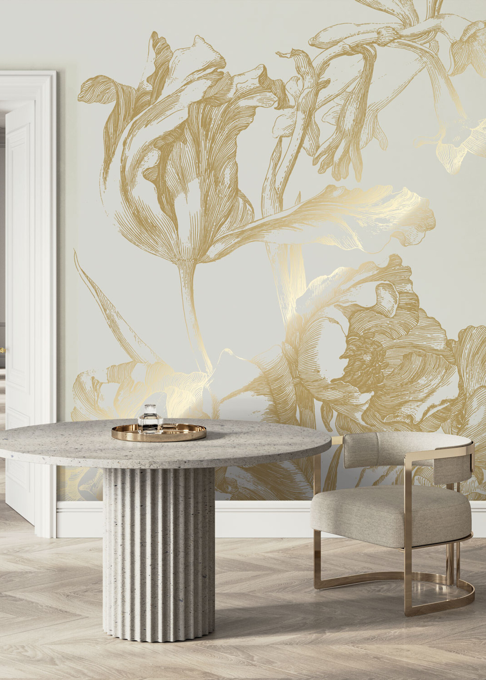 Goud metallic | Afwasbaar Goud behang Engraved Flowers, Zand