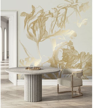 Goud metallic | Afwasbaar Gold metallic wall mural Engraved Flowers