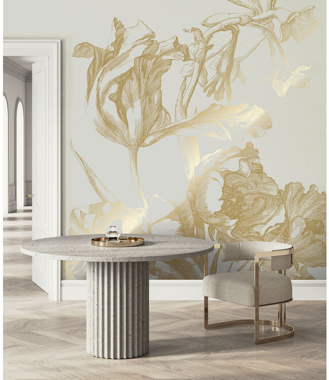 Gold metallic wall mural Engraved Flowers, Sand