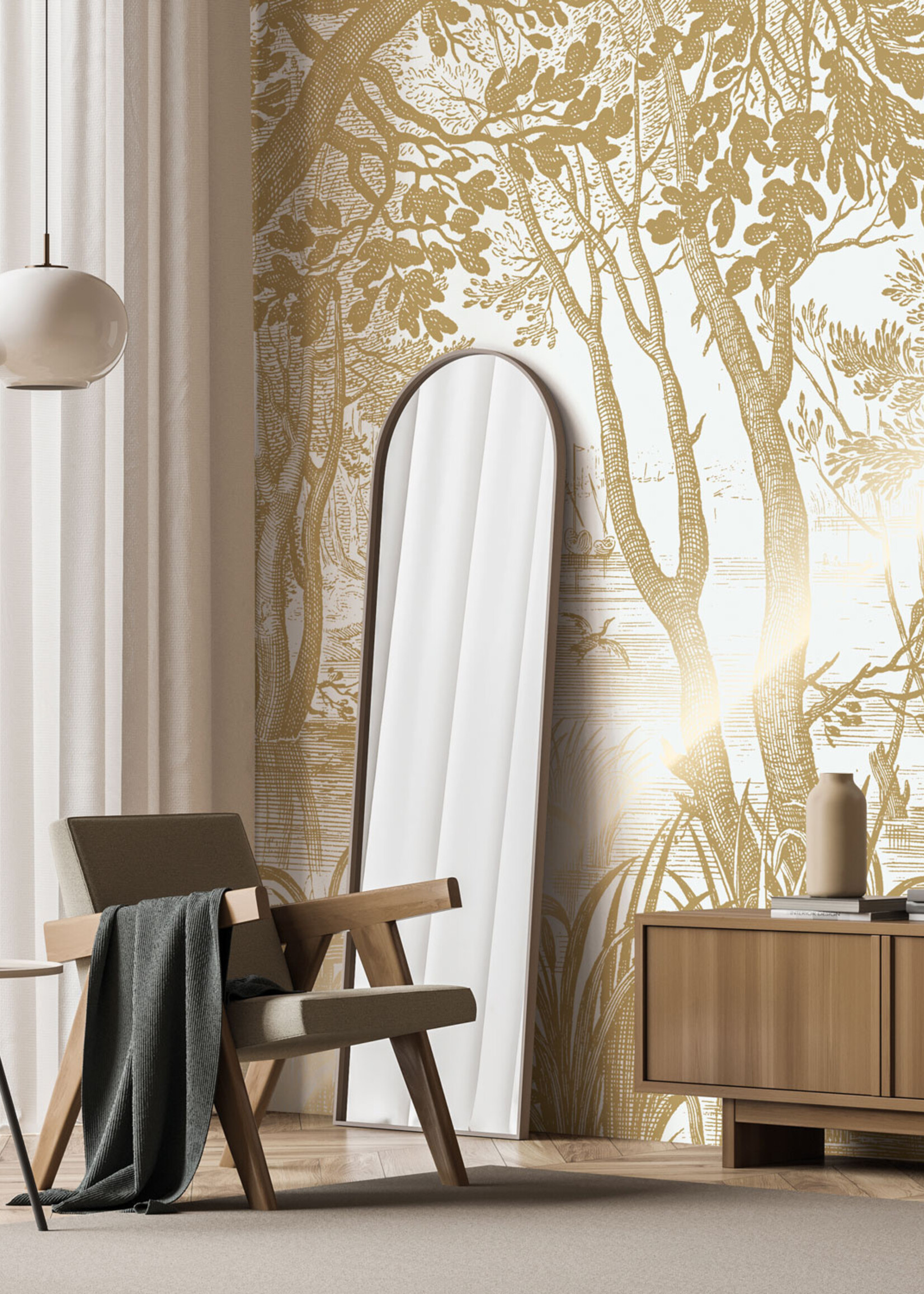 Goud behang Engraved Landscapes, Off-white