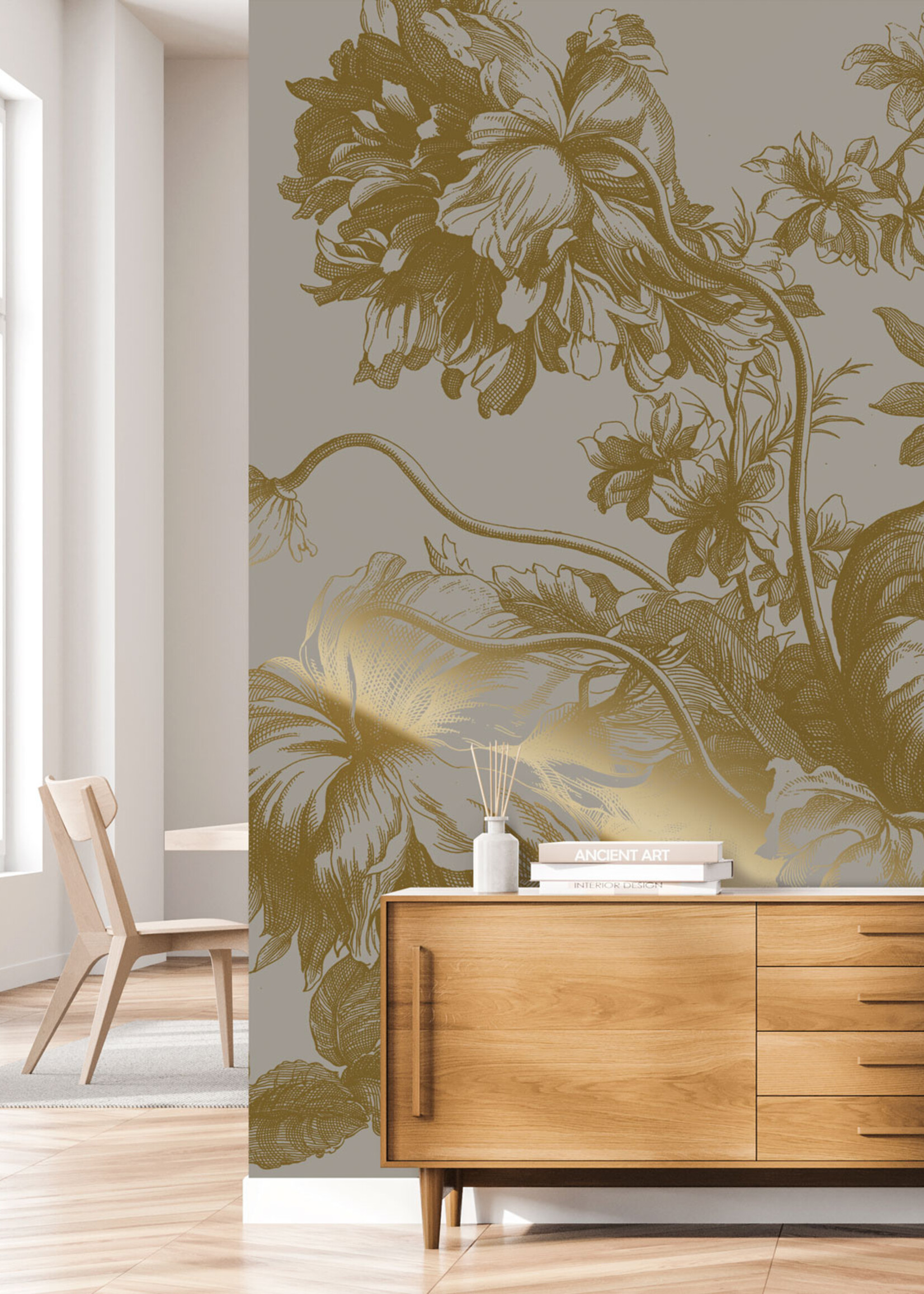 Goud behang Engraved Flowers, Grijs