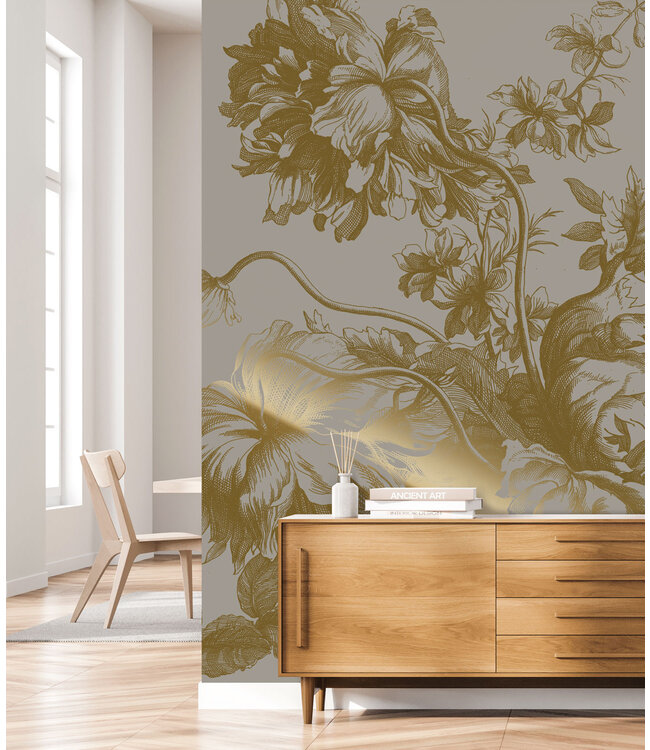 Goud metallic | Afwasbaar Gold metallics wall mural Engraved Flowers