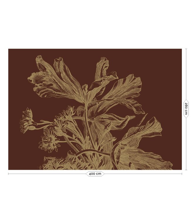 Gold metallic wall mural Engraved Flowers, Rust brown