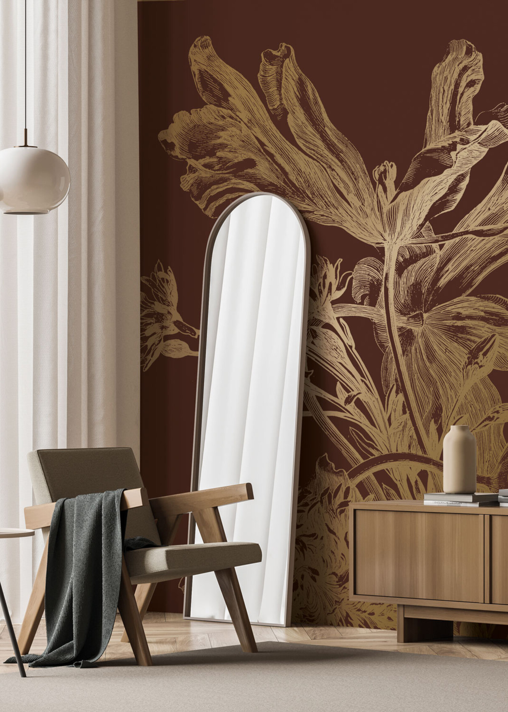 Goud behang Engraved Flowers, Roestbruin
