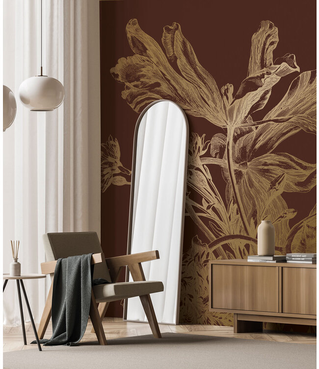 Gold metallic wall mural Engraved Flowers, Rust brown