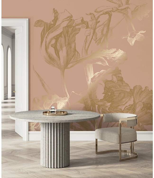 Gold metallic wall mural Engraved Flowers, Nude