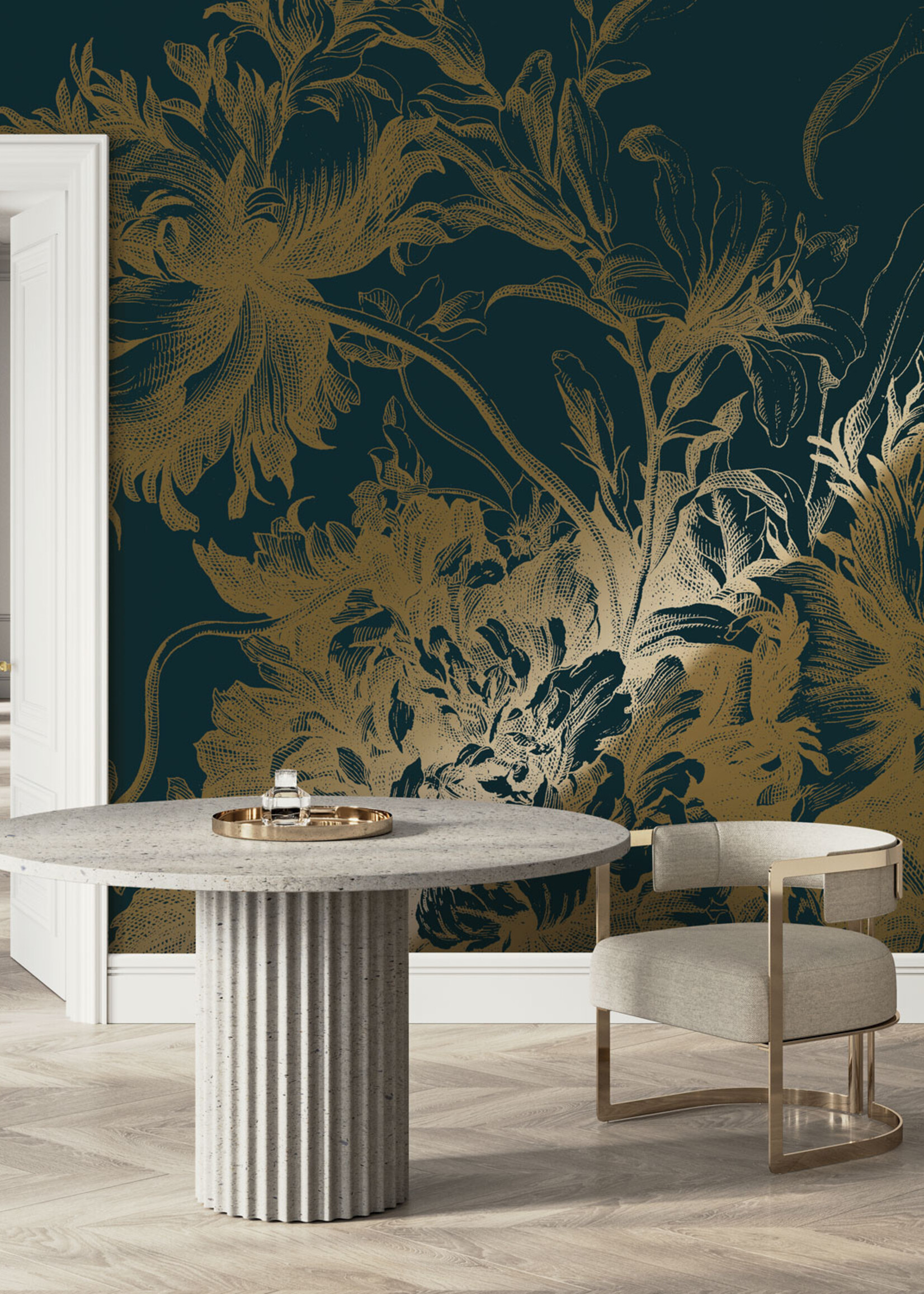 Gold metallic wall mural Engraved Flowers, dark blue