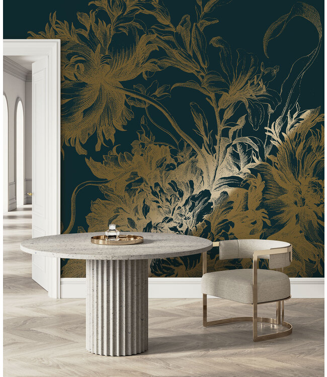 Gold metallic wall mural Engraved Flowers, dark blue