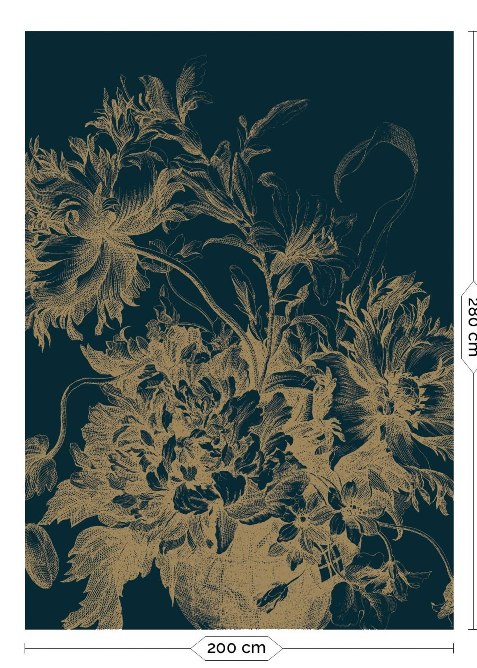 Goud behang Engraved Flowers, donkerblauw