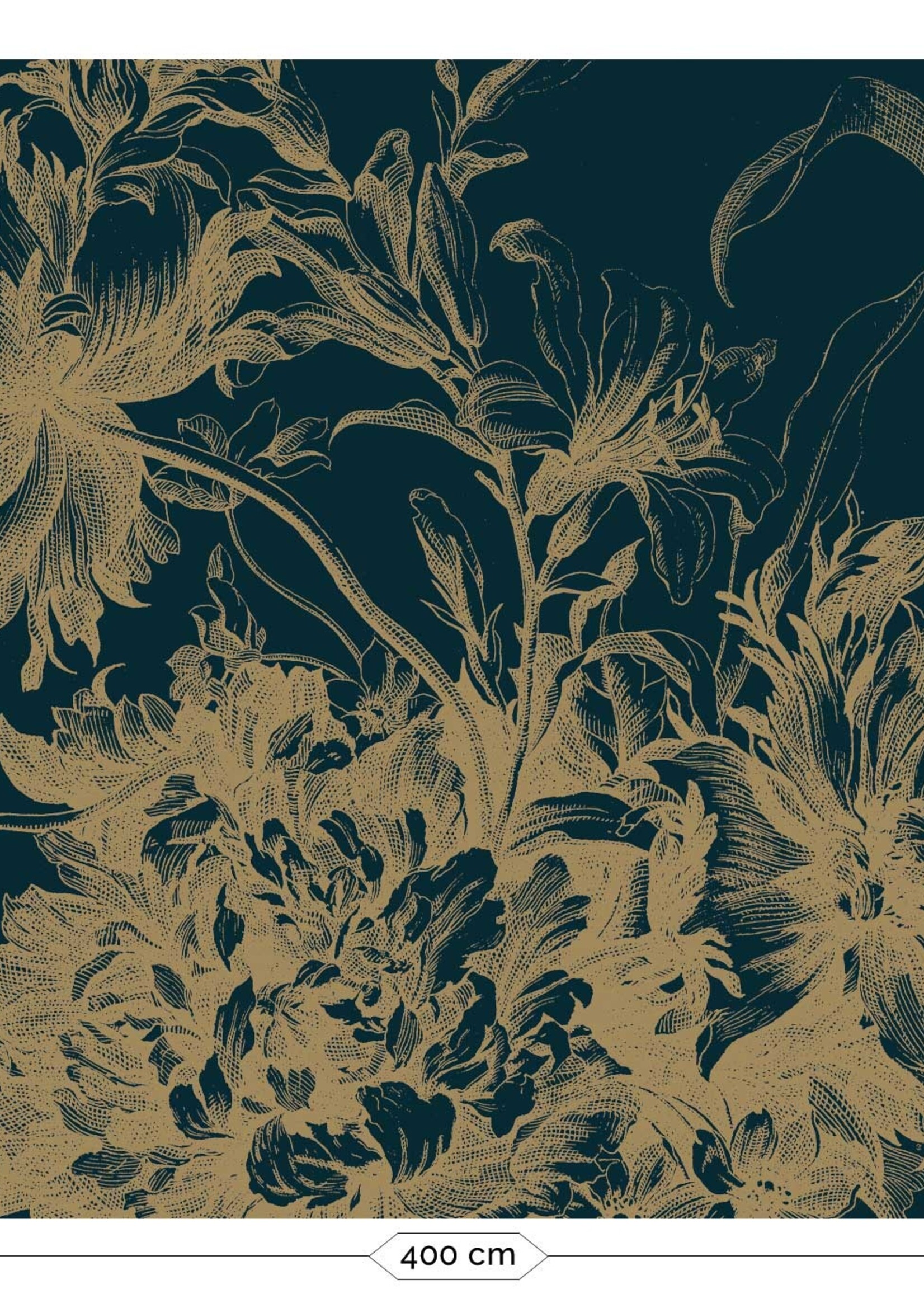 Goud behang Engraved Flowers, donkerblauw