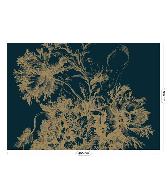 Gold-Tapete Engraved Flowers, Dunkelblau