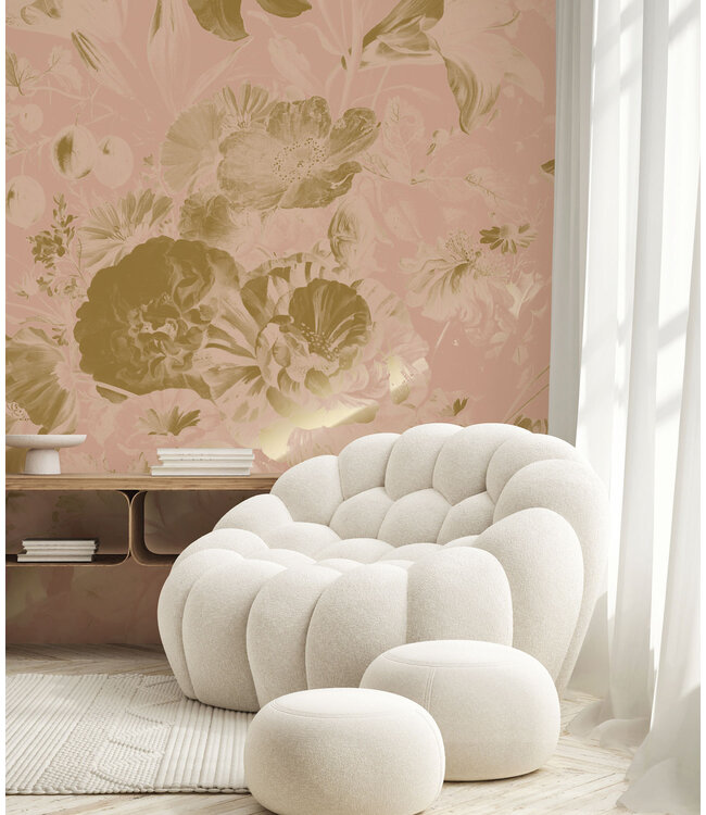 Goud metallic | Afwasbaar Gold metallic wall mural Golden Age Flowers