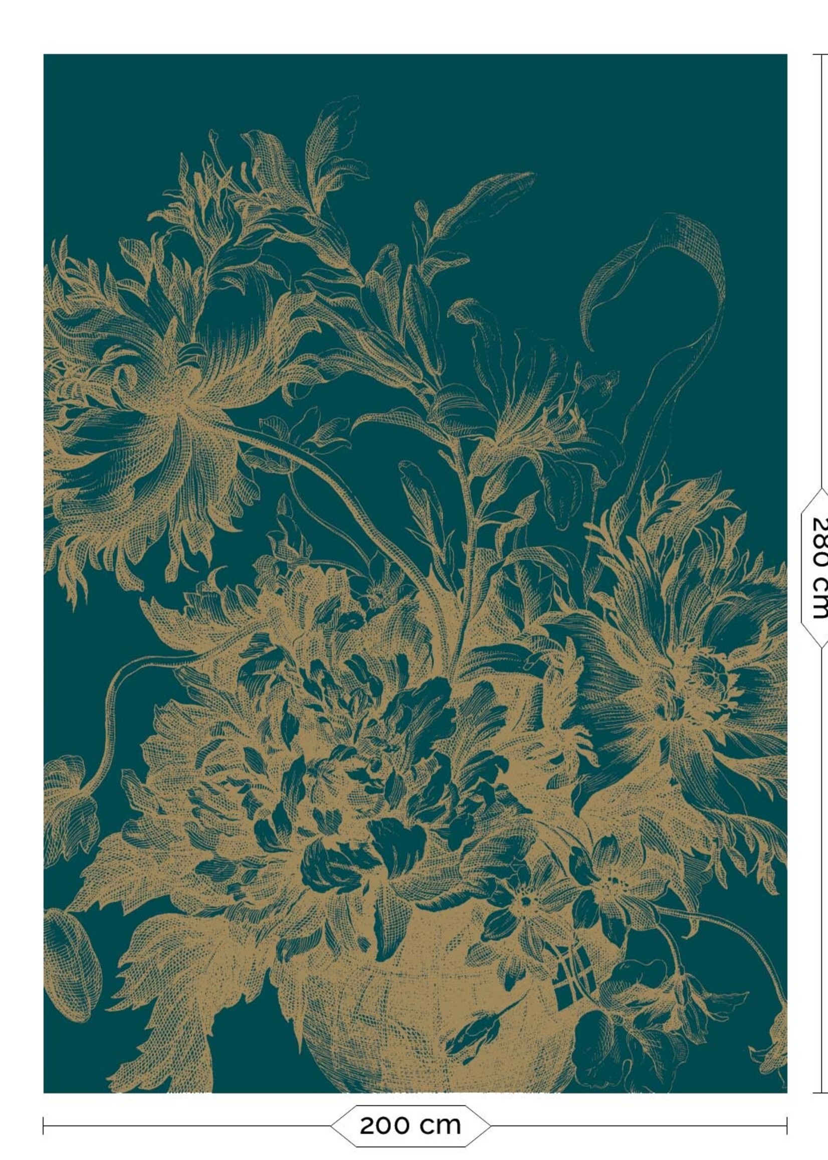 Goud metallic | Afwasbaar Goud behang Engraved Flowers, Petrol