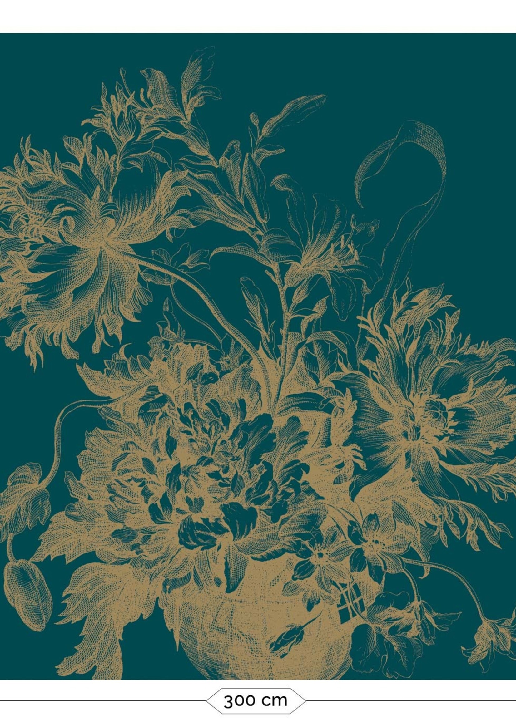 Goud metallic | Afwasbaar Gold metallic wall mural Engraved Flowers, Petrol