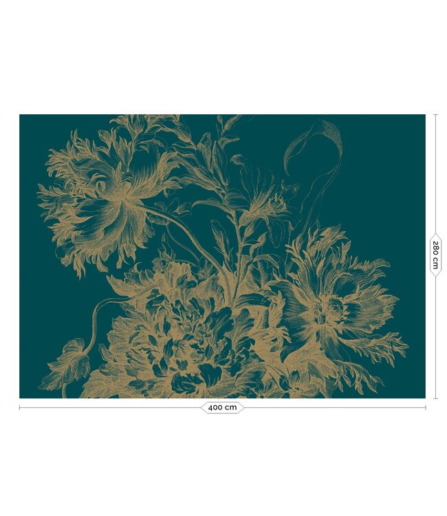 Gold metallic wall mural Engraved Flowers, Petrol
