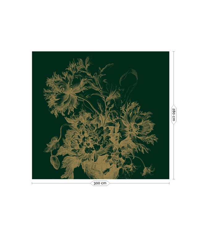 Gold metallic wall mural Engraved Flowers, Green