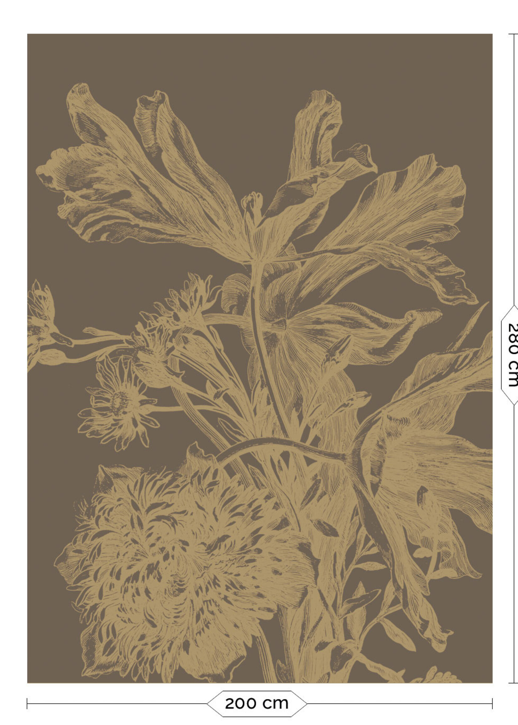 Goud metallic | Afwasbaar Gold metallic wall mural Engraved Flowers, Brown