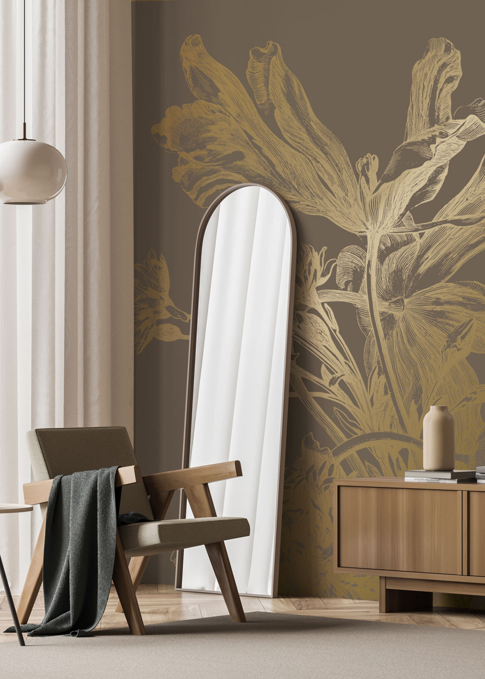 Goud metallic | Afwasbaar Gold metallic wall mural Engraved Flowers, Brown