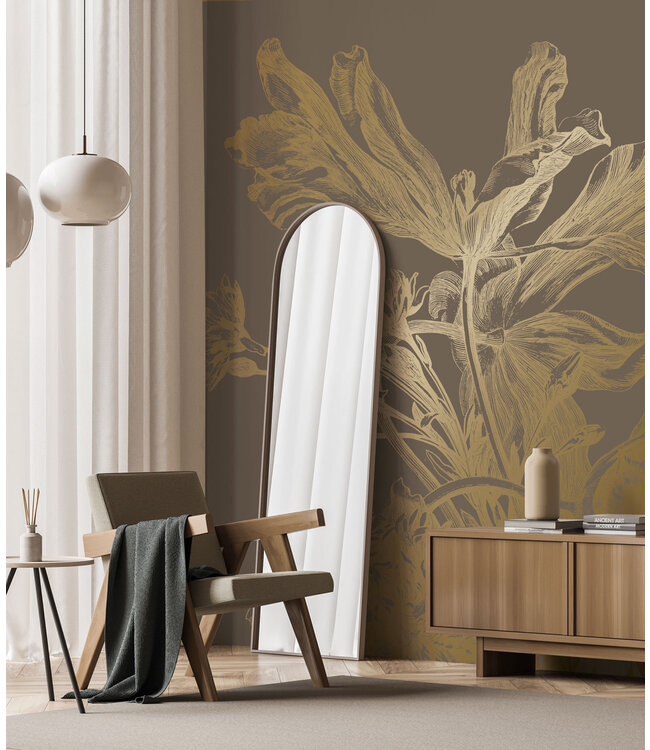 Goud metallic | Afwasbaar Goud behang Engraved Flowers