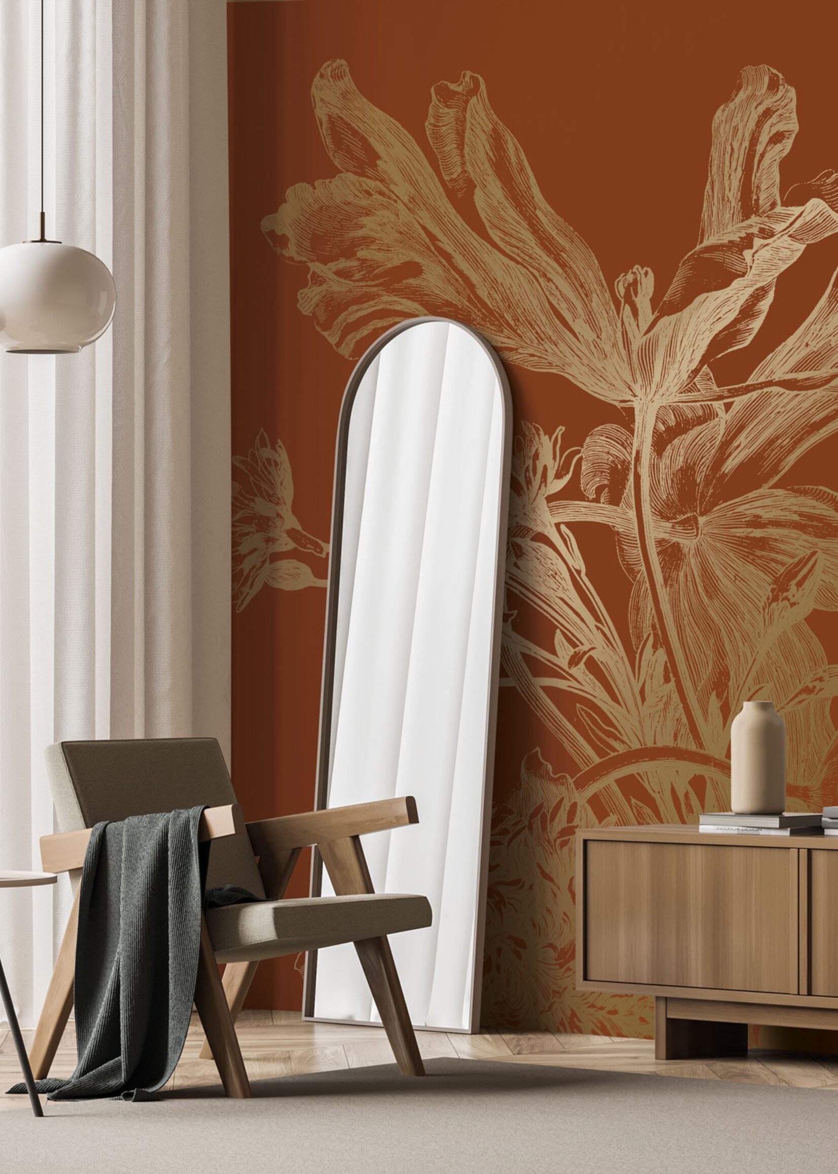 Goud metallic | Afwasbaar Goud behang Engraved Flowers, Terra
