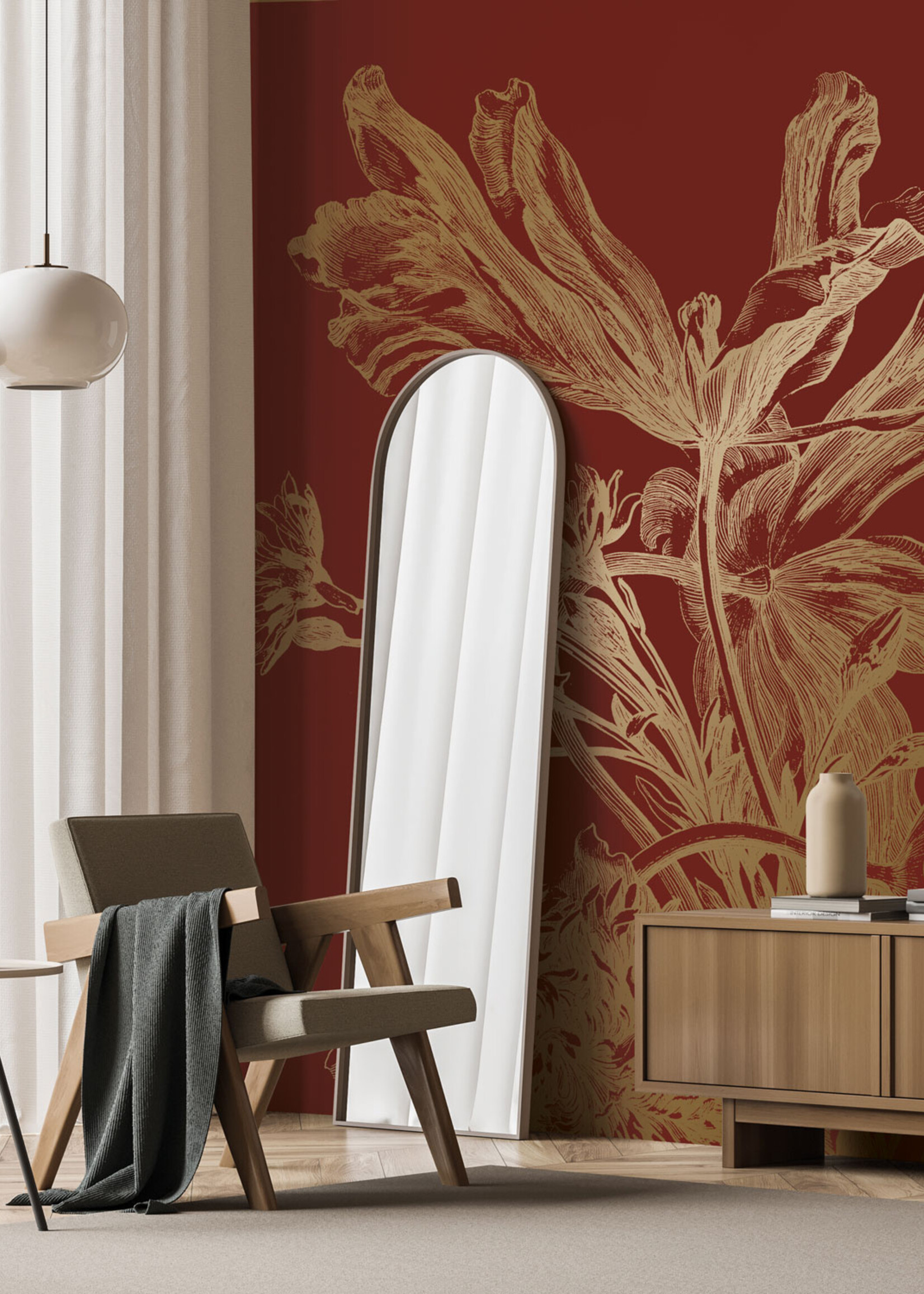Goud metallic | Afwasbaar Gold metallic wall mural Engraved Flowers, Bordeaux
